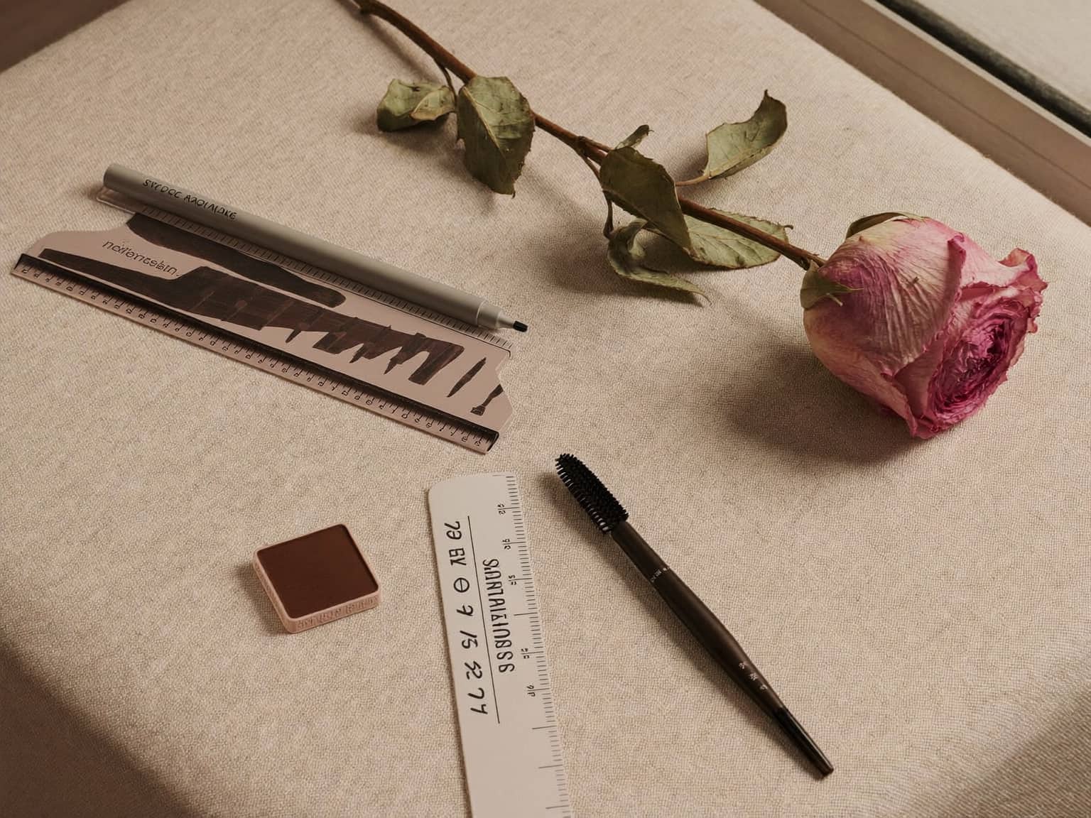 Brow pencil, brow mapping ruler and pigment on cream linen