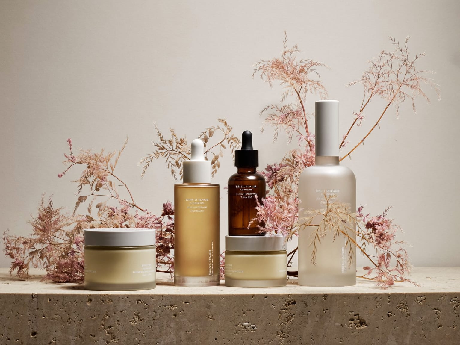 Serum bottles and cream jars on a travertine shelf