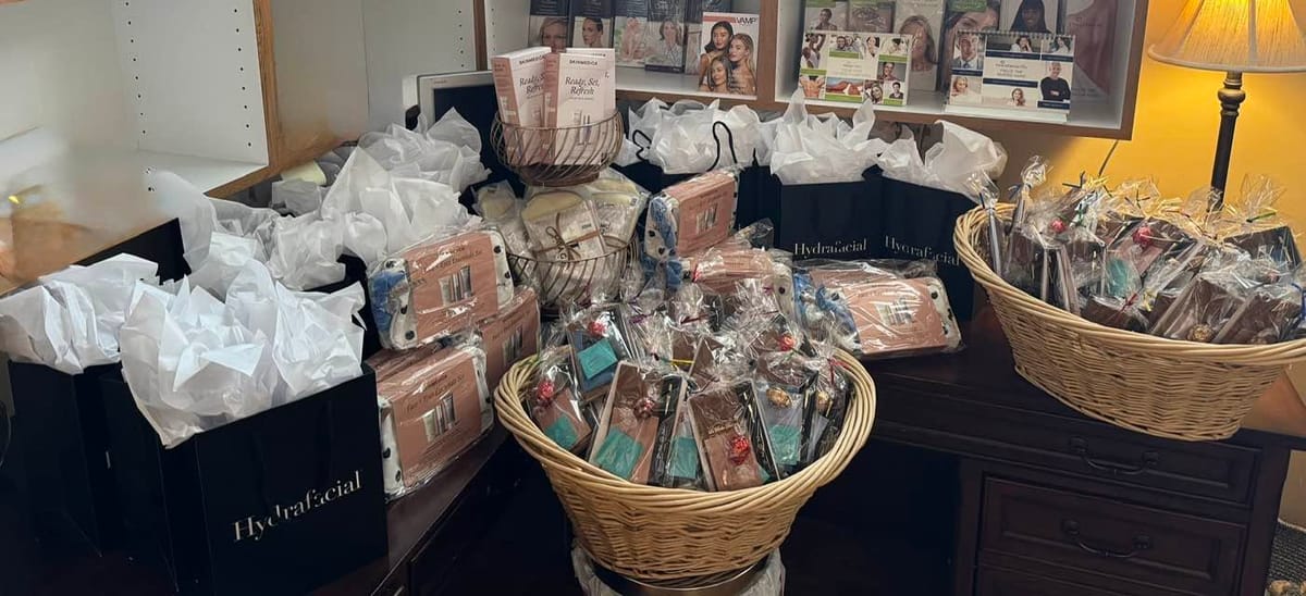 Free gift bags and skin care baskets ready for the Holiday Open House
